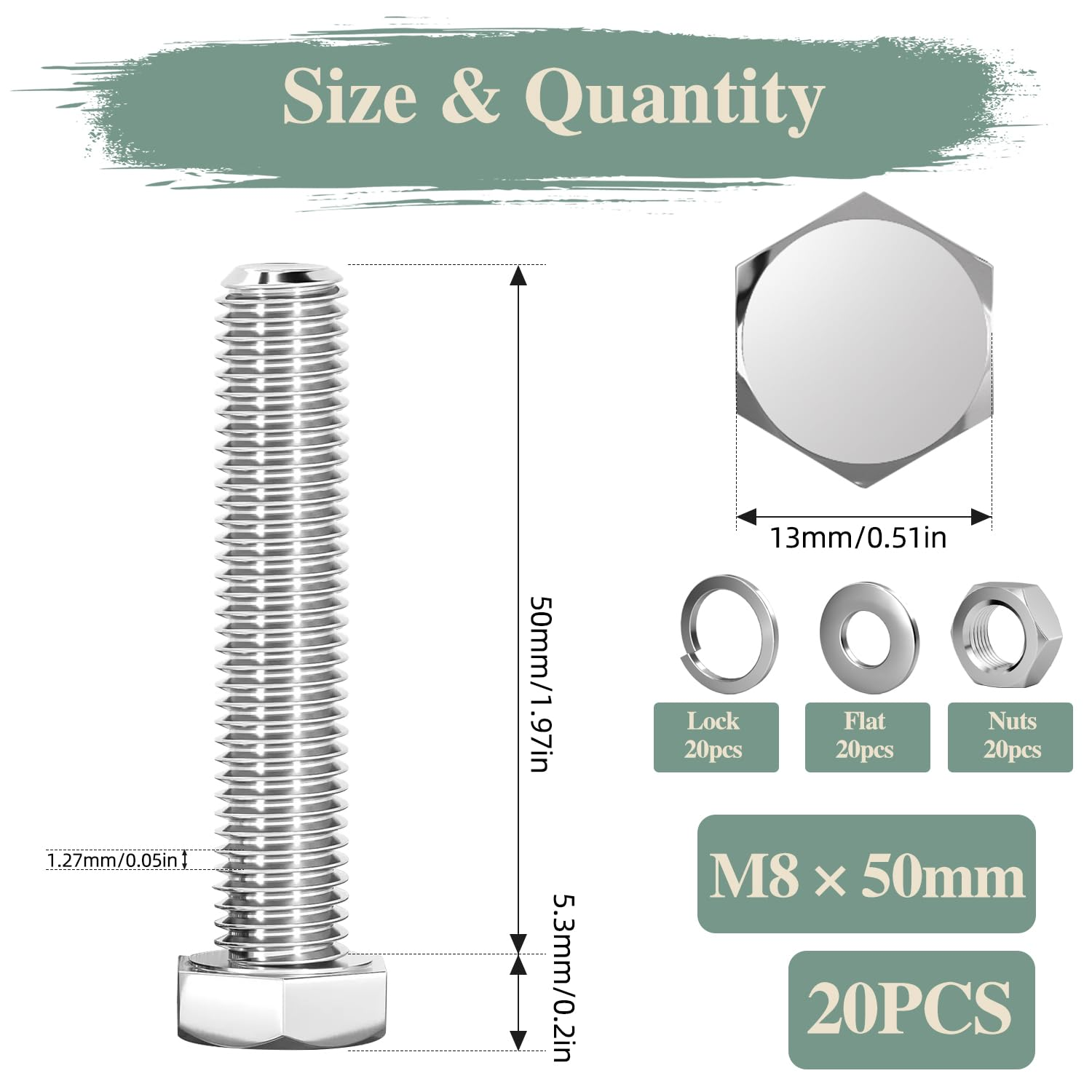 M8&times;50Mm Hex Bolts, Nuts, Flat Washers and Lock Washers, 20Pcs, 304 Stainless Steel, Fully Threaded Screw Bolts image number 1