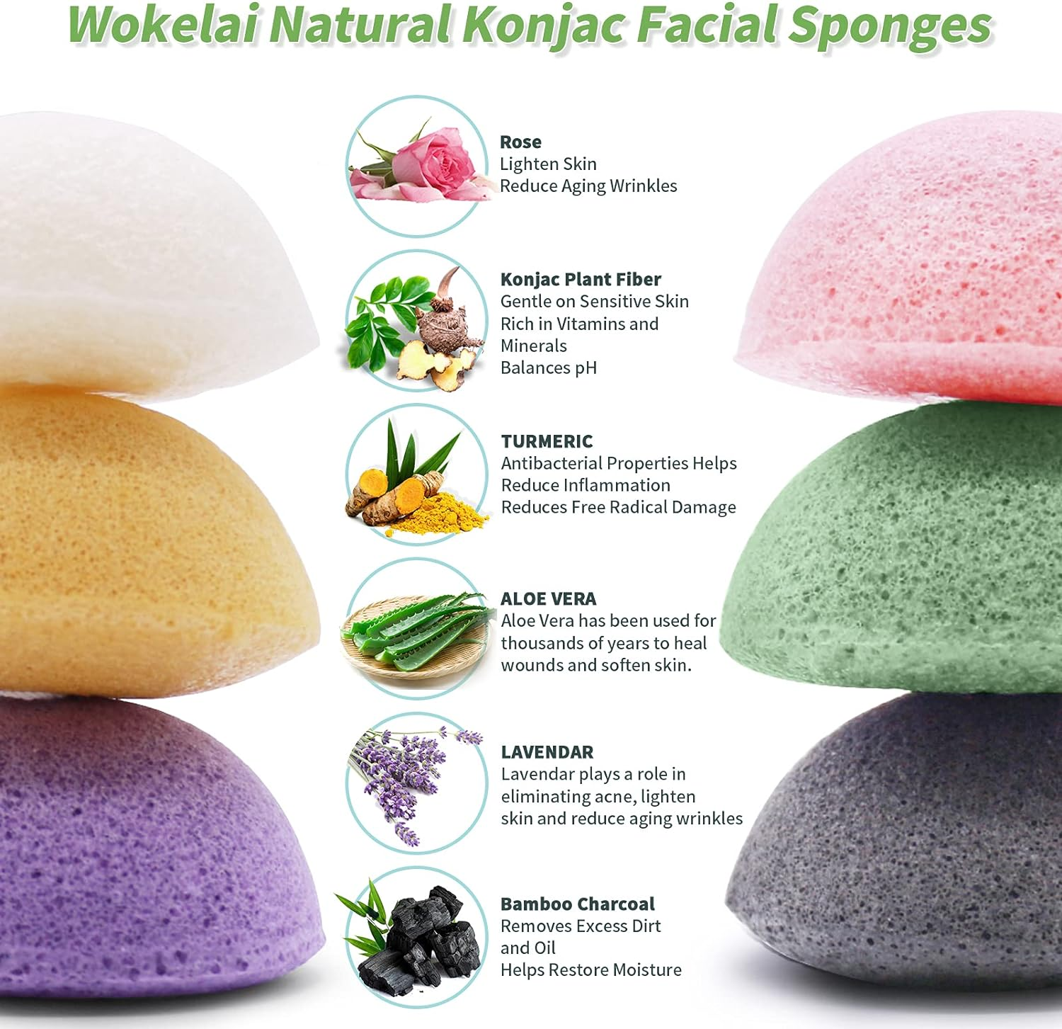 Pack of 6 Natural Konjac Sponge Face Sponge Face Sponges Face Cleanser Face Scrub Face Cleansing Sustainable with Activated Carbon and Aloe Vera for All Skin Types (Multi-Colour) image number 5
