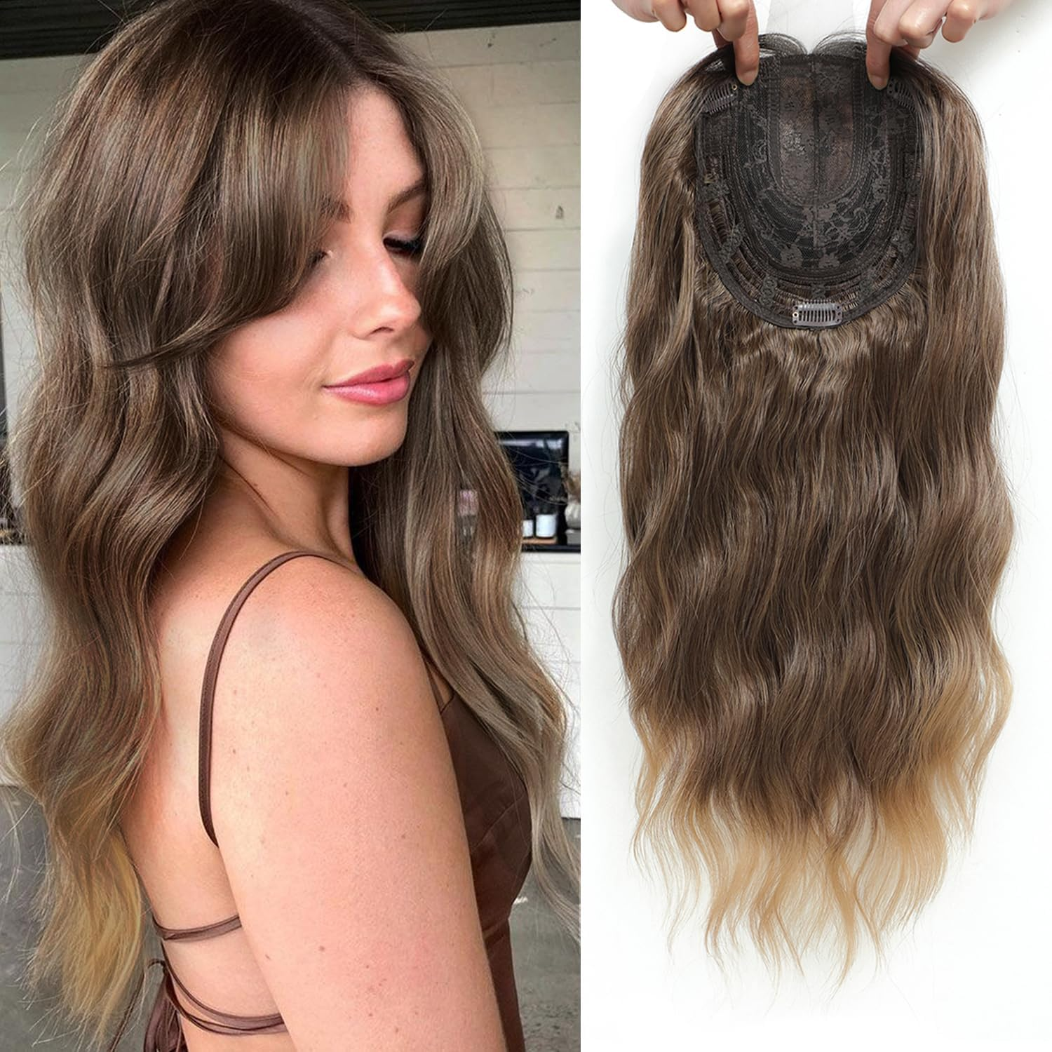 VEGALILY 20Inch Hair Topper, 7X7" Base Size Wavy Hair Topper for Women, Handmade Natural Hairline Hair Toppers Fake Hairpieces for Women (Brown with Highlights)