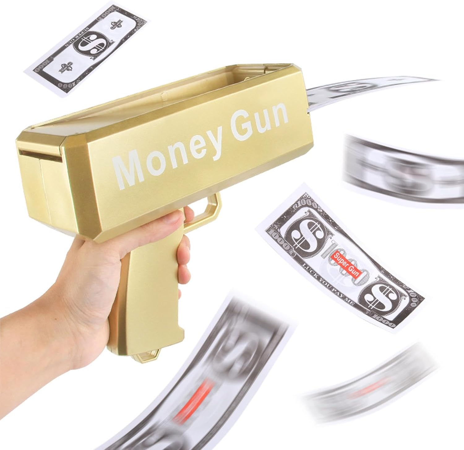 Super Money Gun Shooter,Make It Rain Cash Guns Prop Bill Dispenser Moneys Shooter with 100 Pcs Prop Money (Gold) image number 4