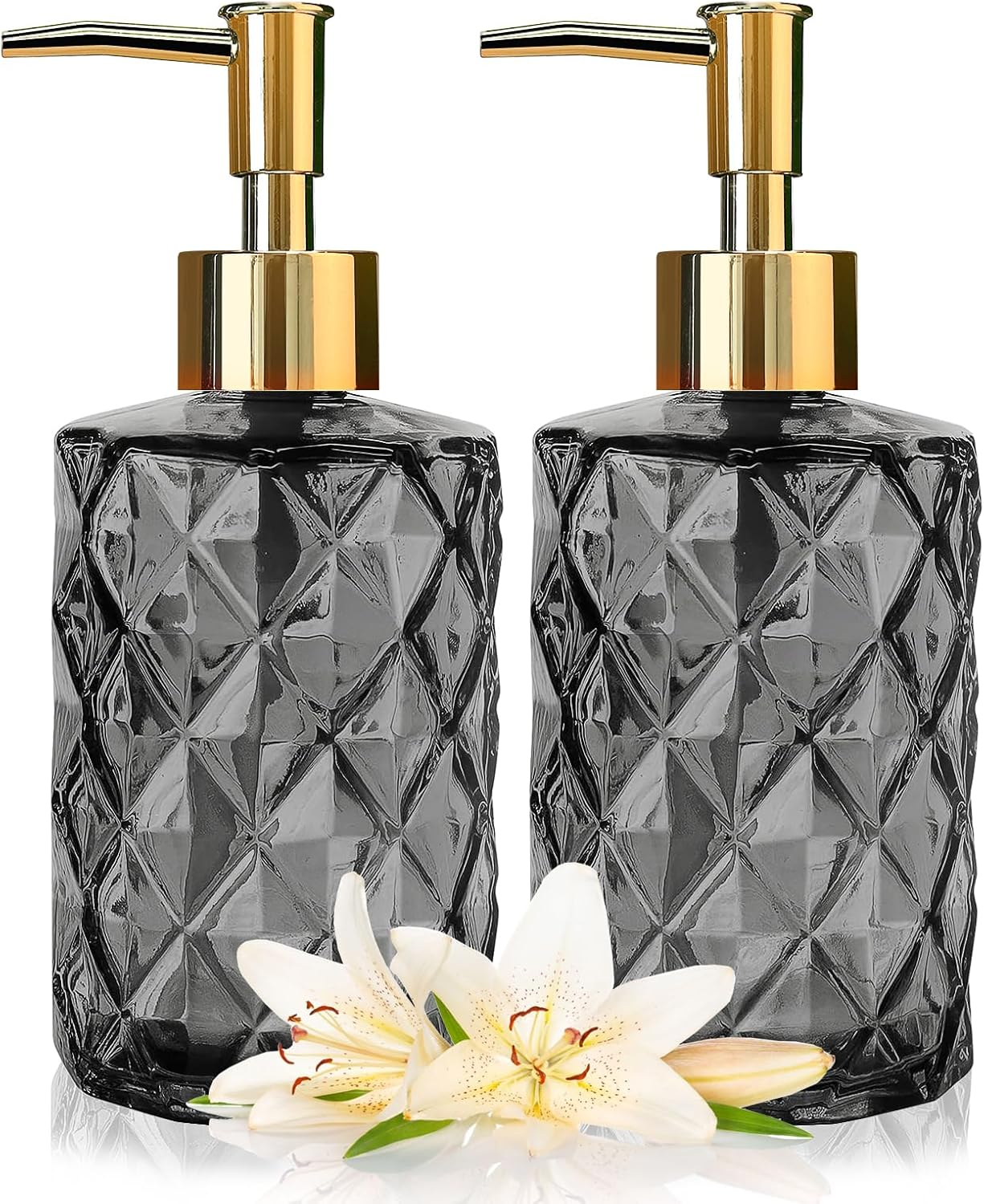 Glass Soap Dispenser with Black Pump, Bathroom Soap Dispenser Set(2 Pack, 11Oz.) Premium Thick Soap Pump Bottles, Refillable Kitchen Liquid Soap Bottle for Hand Sanitizer, Lotion (Clear, Black Pump)