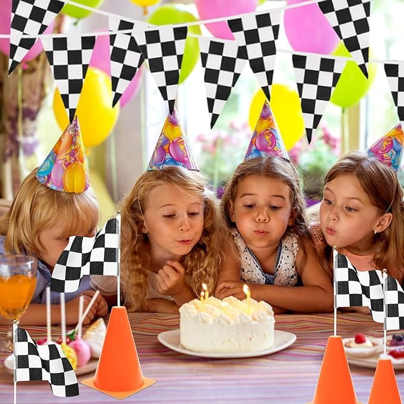 38 Pcs Checkered Flag Party Supplies Include 24P Racing Checkered Flags Hand Held 12P Traffic Cones,Floor Path for Race Track, Birthday Party Supplies, Kids Table Decoration image number 5