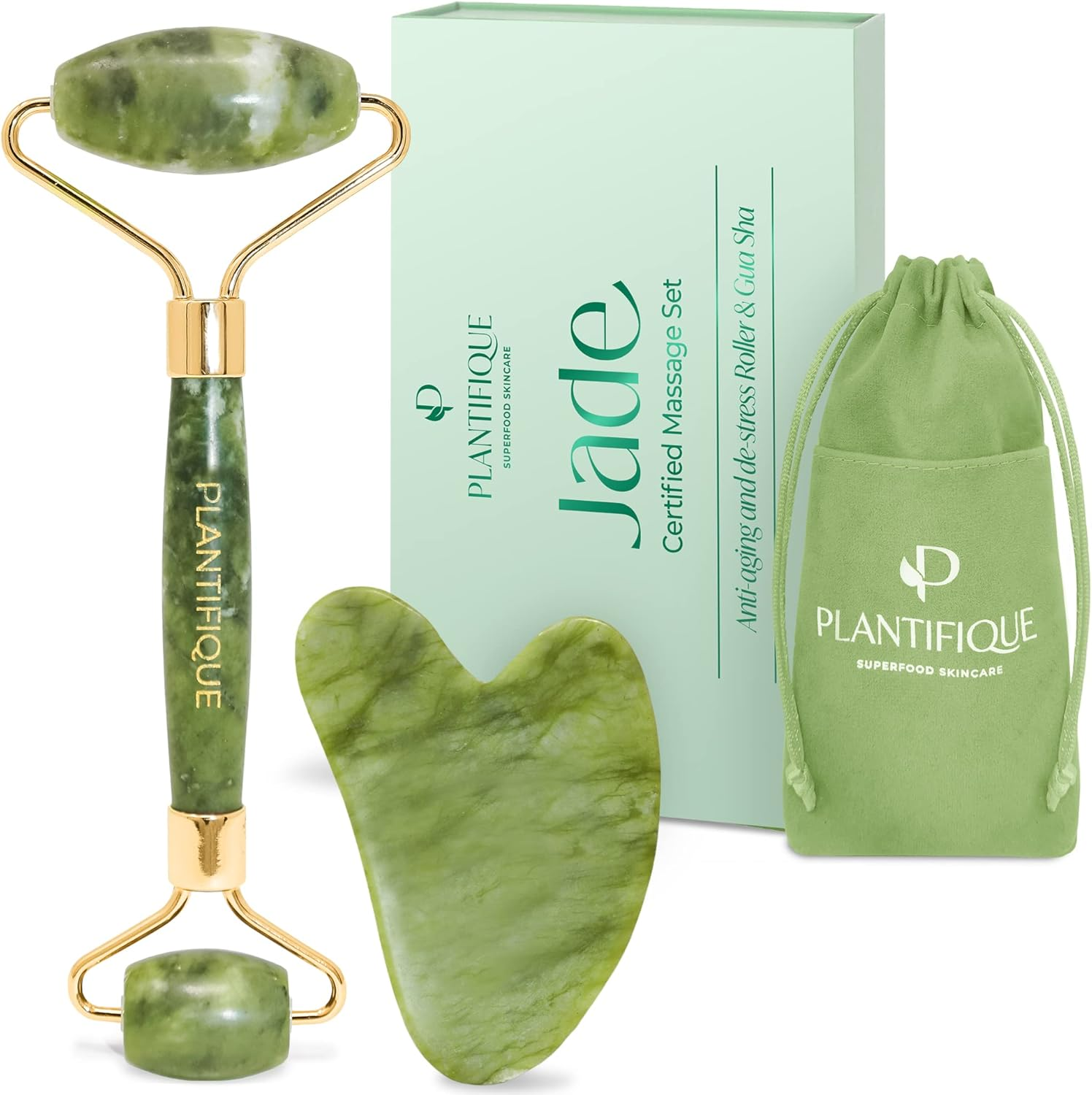 PLANTIFIQUE Jade Roller & Gua Sha Set &ndash; Real Jade Facial Tools for Skin Care Routine &ndash; Certified Face Massager for Radiant Skin image number 5