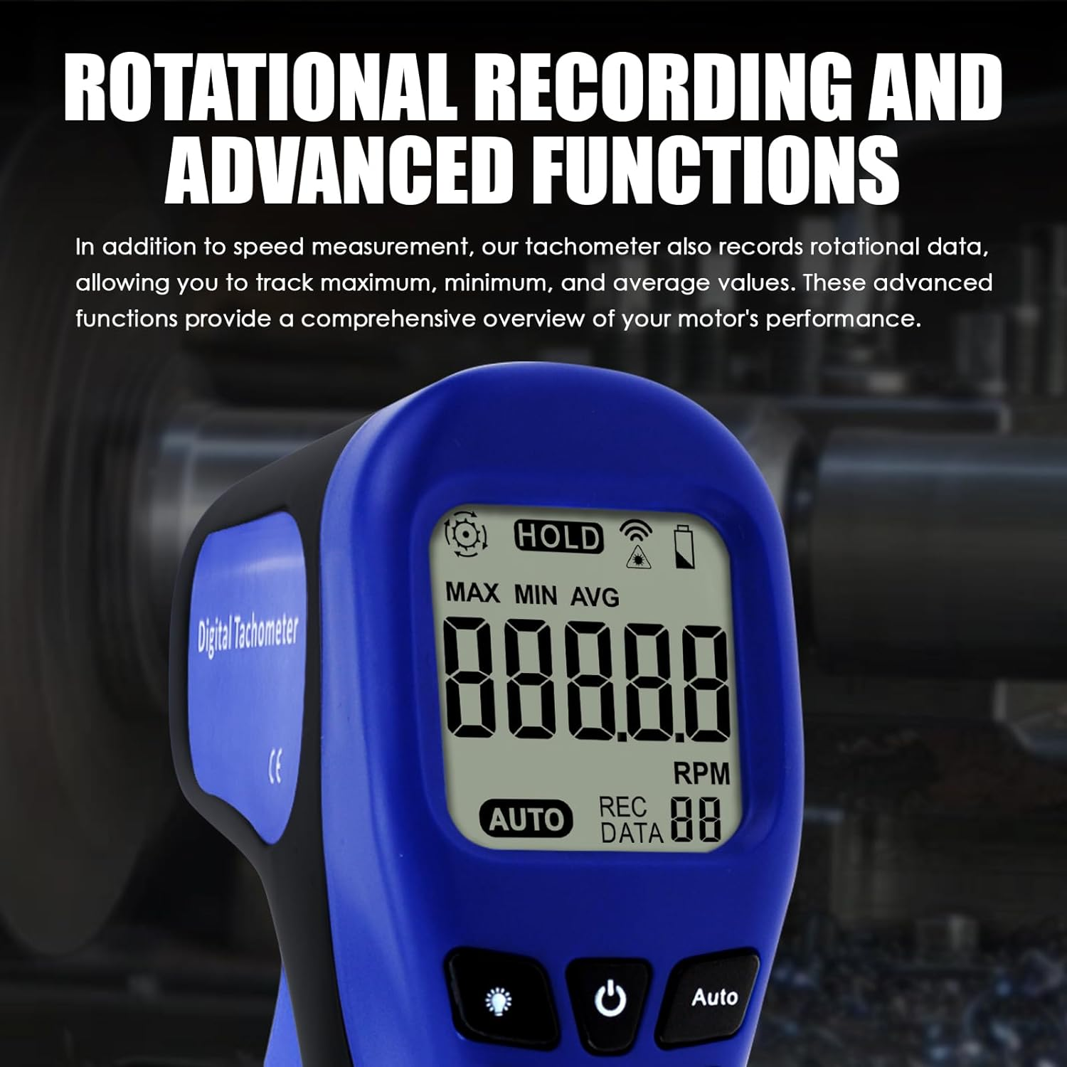 Laser Photo Tachometer Motor Speed Gauge Tester Non-Contact RPM Meter Motor Speed Gauge Gun - Accurate RPM Measurement with Rotational Record (Digital Tachometer) image number 4