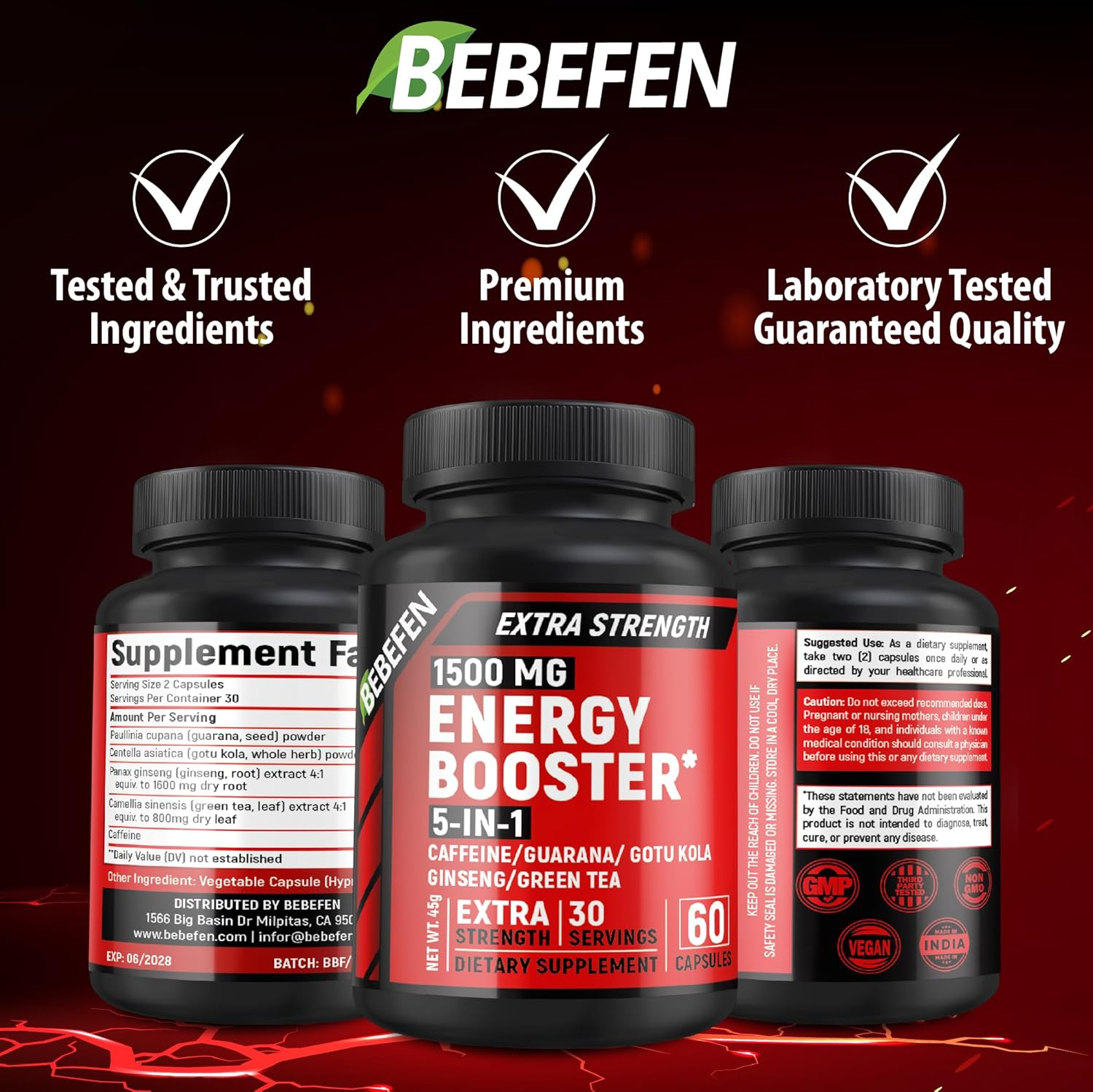 Energy Supplement, 1,500Mg per Serving | with Caffeine, Guarana, Gotu Kola, Ginseng & Green Tea | Daily Energy Booster Pills | Non-Gmo, Gluten Free (60 Capsules) image number 5