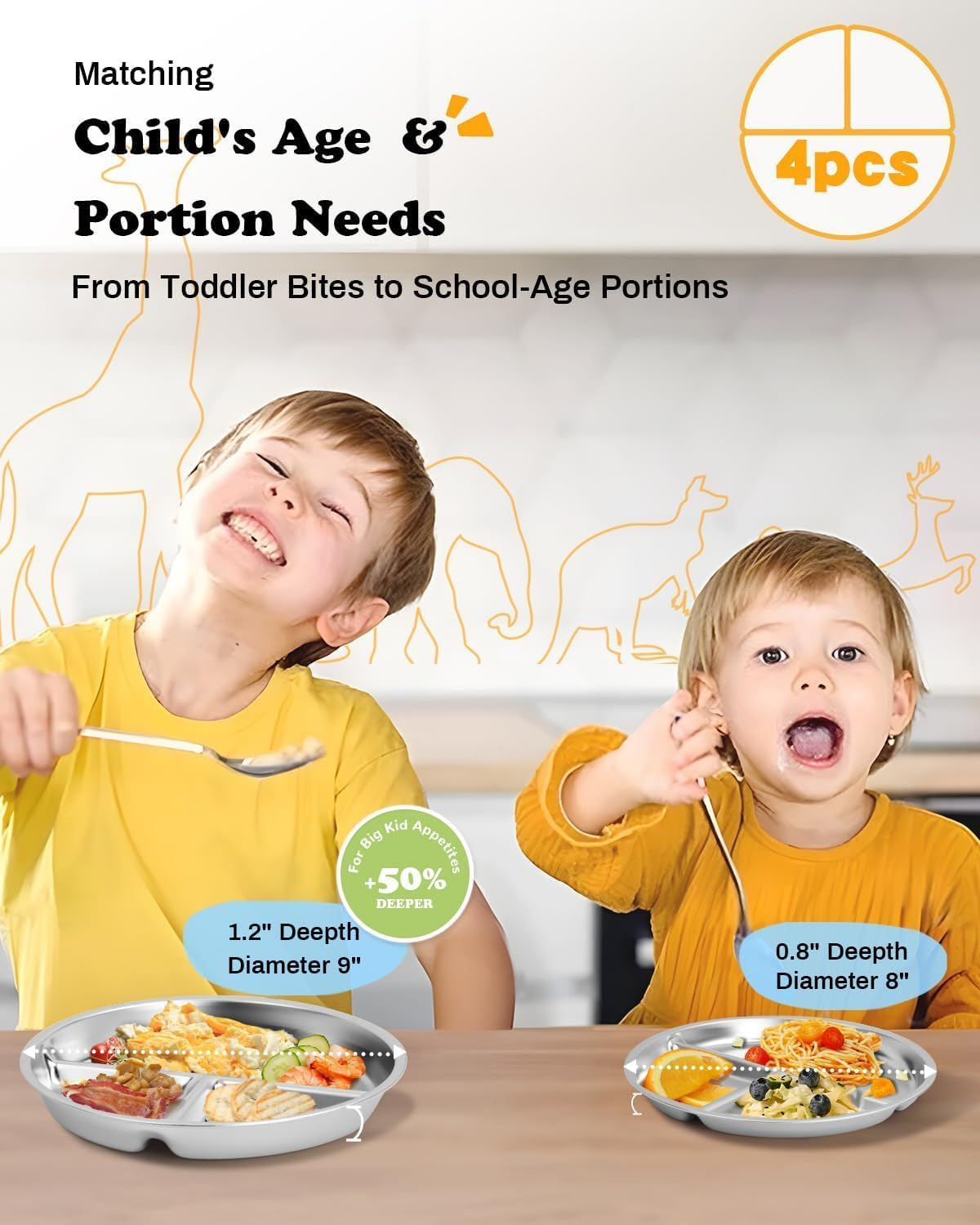 Stainless Steel Kids Plates 4 Packs, 9" Divided Toddlers Portion Control Plate, Unbreakable Dinner Plates, Divided Food Tray Stainless Steel Plate for Adults Kids, Camping, Lunch and Dinner