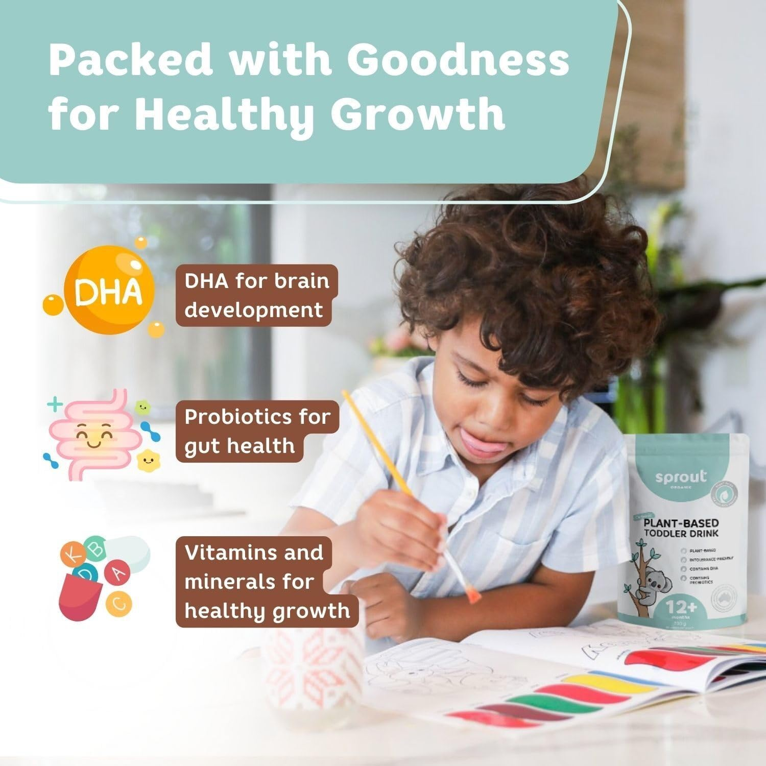 Sprout Organic Vegan Toddler Drink, Plant-Based Baby Food for 12 Months and Above, Baby Foods Enriched with Vitamins, Minerals and DHA, Dairy-Free, Lactose-Free, Soy-Free, 700G (Pouch) image number 3