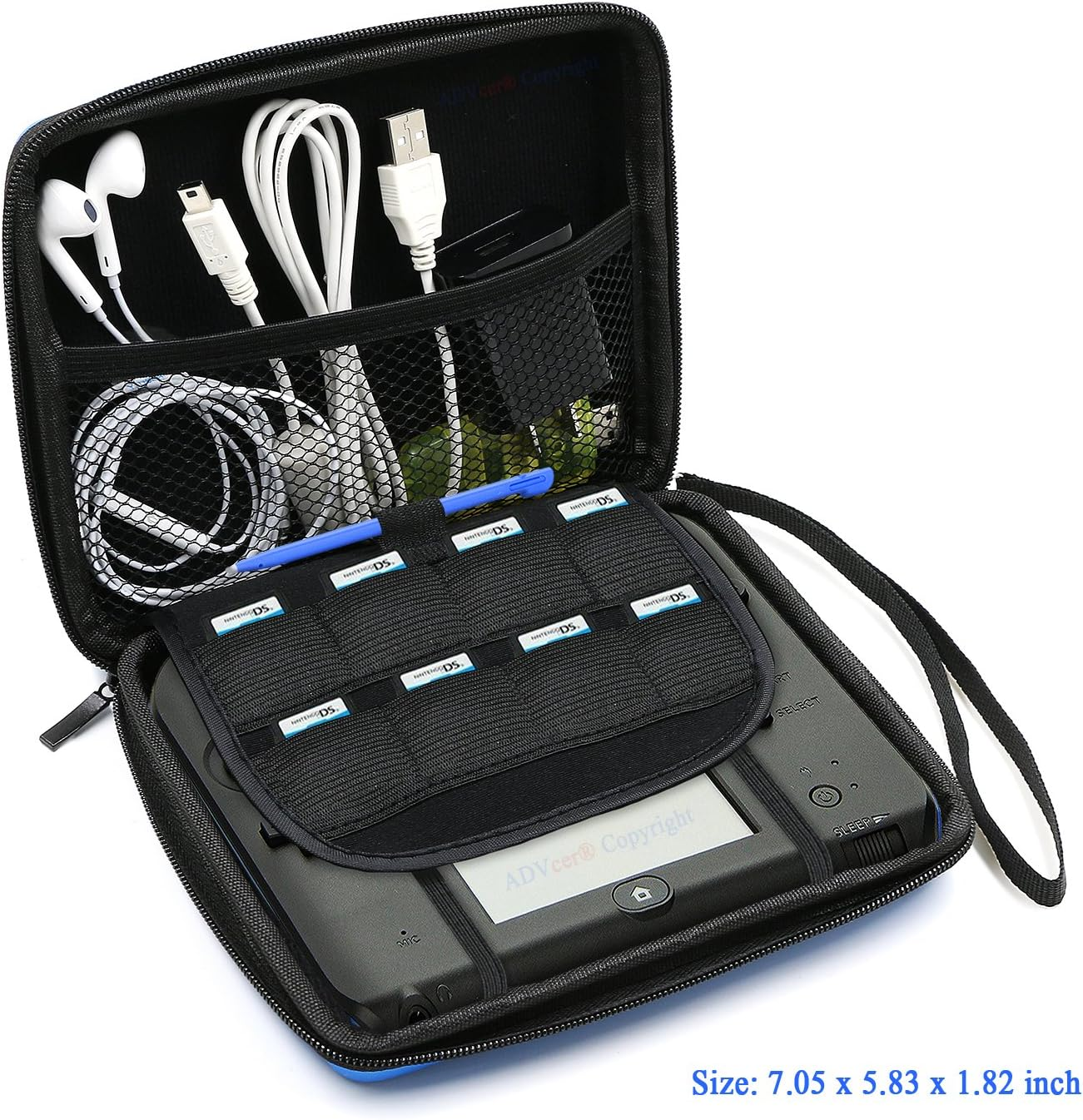 Advcer 2DS Case, EVA Waterproof Hard Shield Protective Carrying Case with Hand Wrist Strap and Double Zipper for Nintendo 2DS (Blue) - Black image number 4