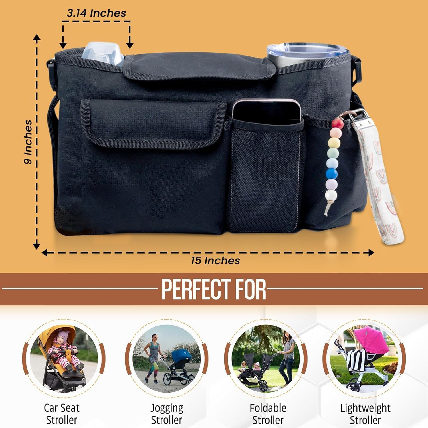 Universal Stroller Organizer with Cup Holder, Large Capacity Stroller Caddy, Non-Slip Secure Hooks Accessories(Black)