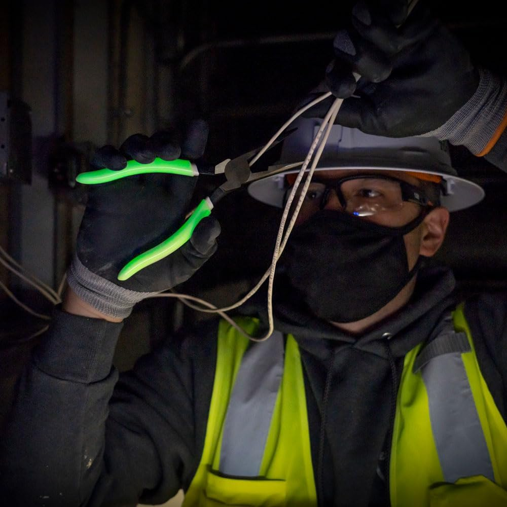 Klein Tools 8" Long Nose Pliers Side-Cutting, Hi-Viz, Glow in the Dark Grips to Easily Locate Your Tool in Dark or Low Lit Areas, D2038GLW image number 1