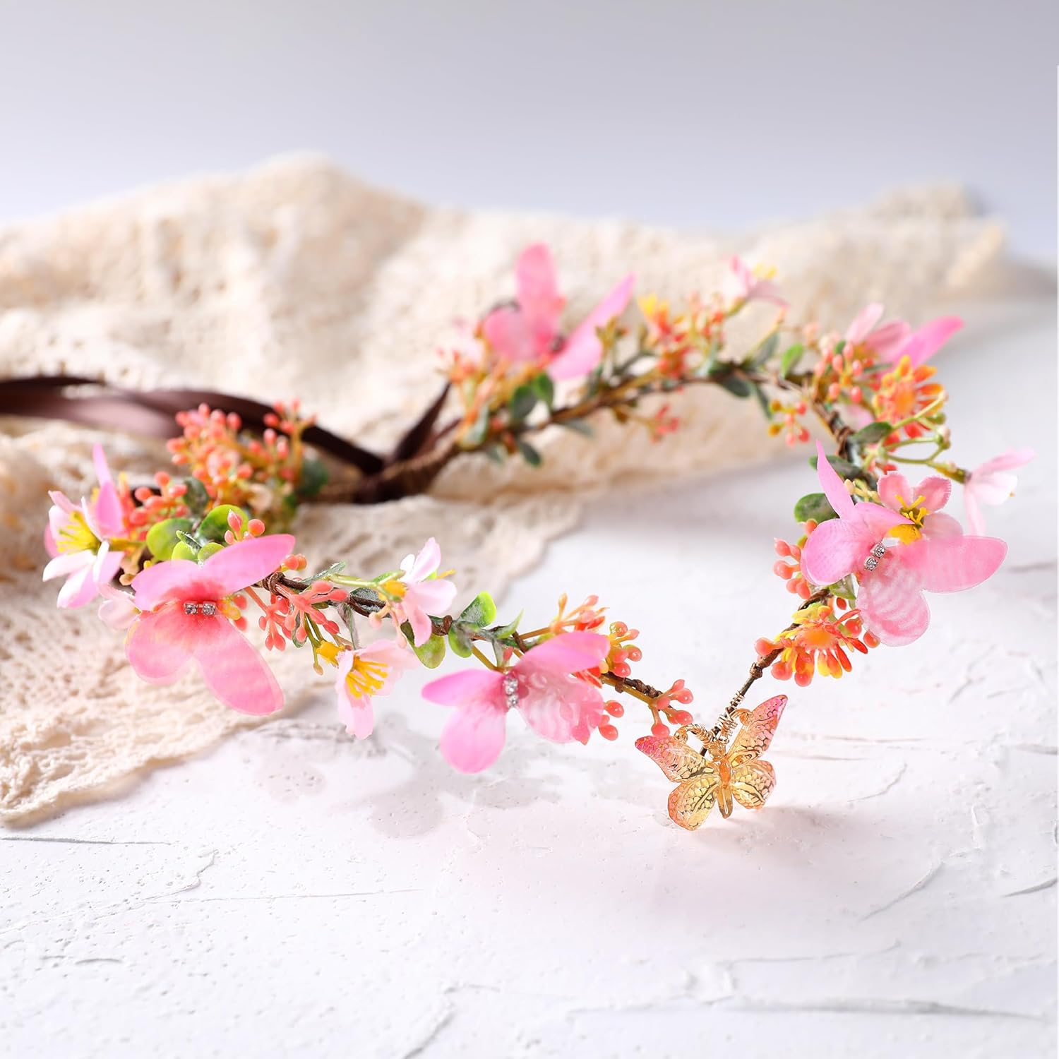 MOSTORY Butterfly Fairy Crown for Women Pink Elf Crown for Wedding Spring Photo Shoot image number 1