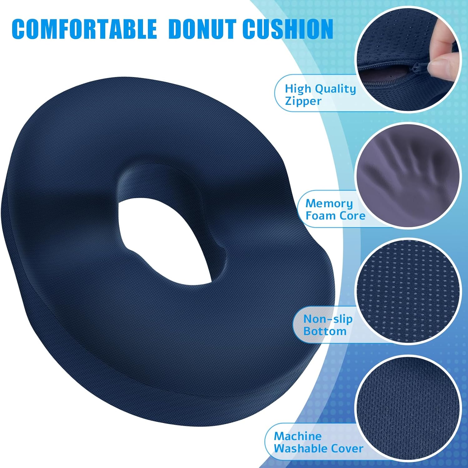 Blisstrends Donut Pillow Seat Cushion,Donut Chair Cushions for Postpartum Pregnancy & Hemorrhoids,Tailbone Pain Relief Cushion,Memory Foam Lifting Cushions for Office&Home Chairs (Blue) image number 6