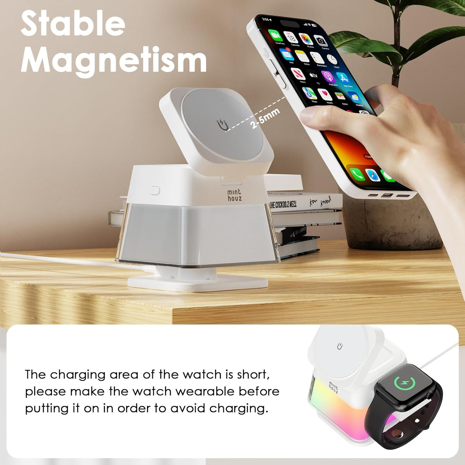 Minthouz 3 in 1 Wireless Charger Tower, Wireless Charging Station with Multi-Color Light for Magsafe Magnetic Charger, Phone Charger Stand for Multiple Devices,For Iphone 17-12 Series, Iwatch, Airpods image number 6