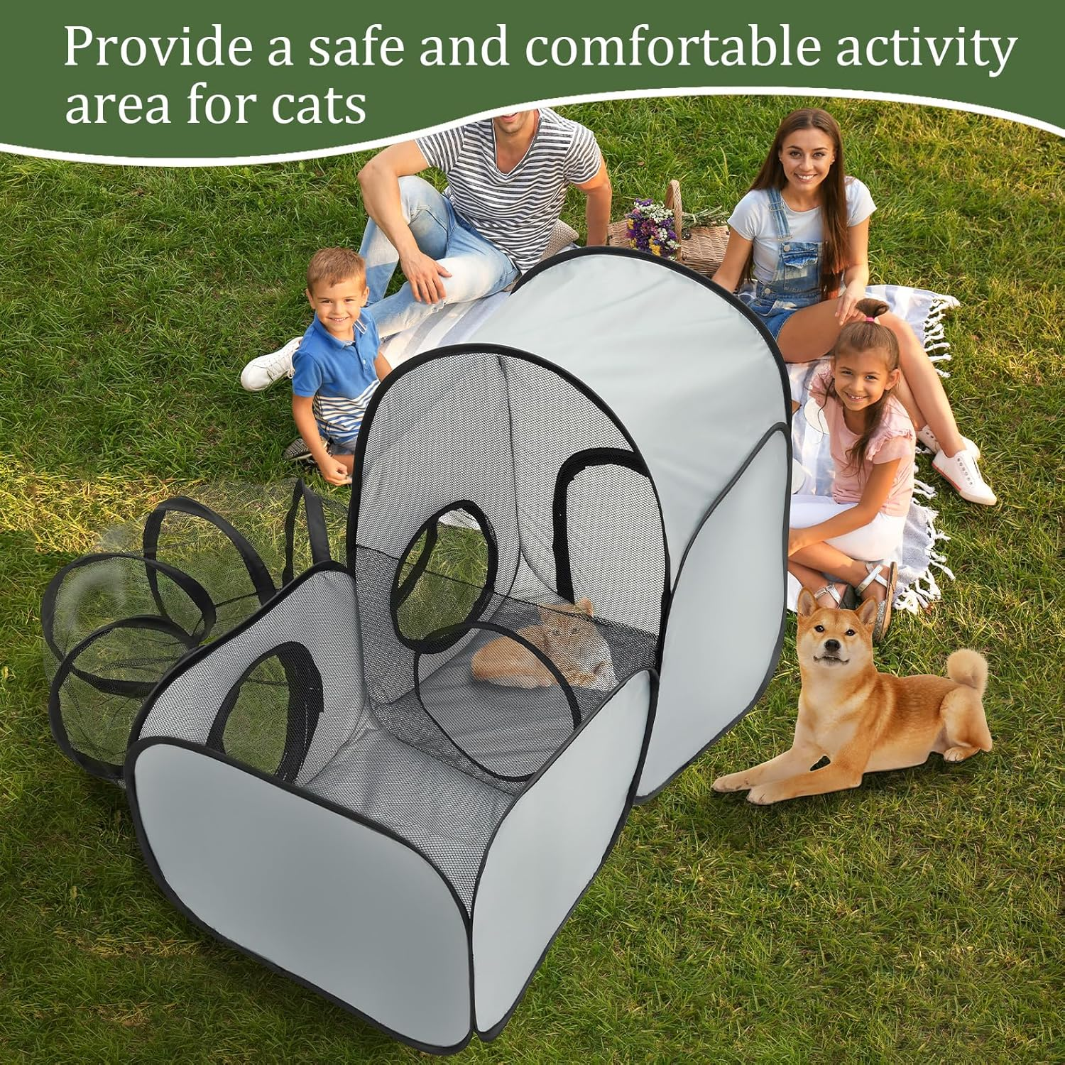 Cat Playpen with Surround Tunnel, Outdoor Cat Enclosure with Storage Bag, Foldable Pet Playpen for Small Animals, Breathable Pet Tent Outdoor for Backyard, Camping, Travel (Color B) - Color B image number 3