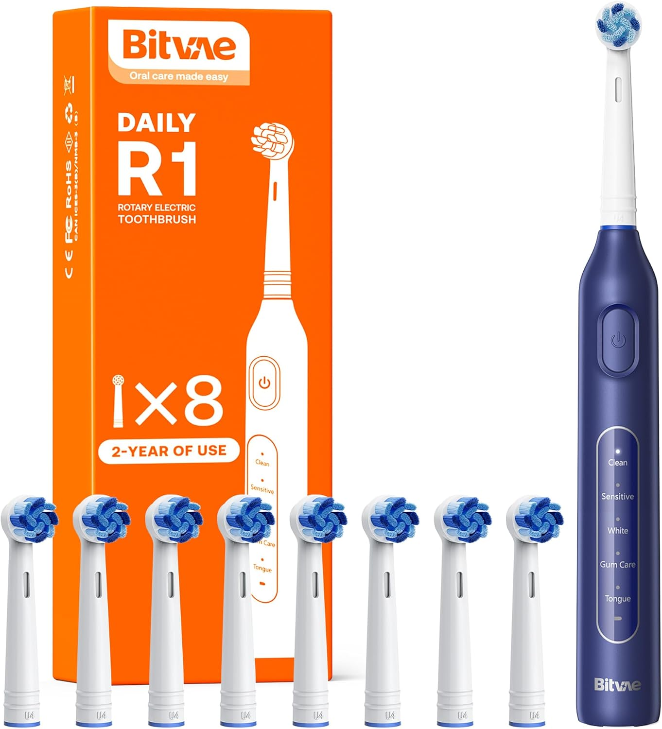 Bitvae R1 Rotating Electric Toothbrush for Adults and Kids, Rechargeable Electric Toothbrush with 60-Day Battery Life, 8 Brush Heads, 5 Modes, 2-Minute Smart Timer, Black