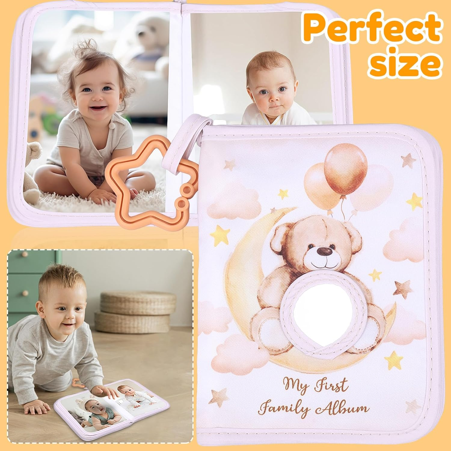Soft Cloth Baby Photo Album Safe Baby Memory Album Book with Mirror Cute Toddler Family Memory Picture Book Holds 17 Pictures for Kids Newborn Toddlers (Khaki) - Yellow image number 3