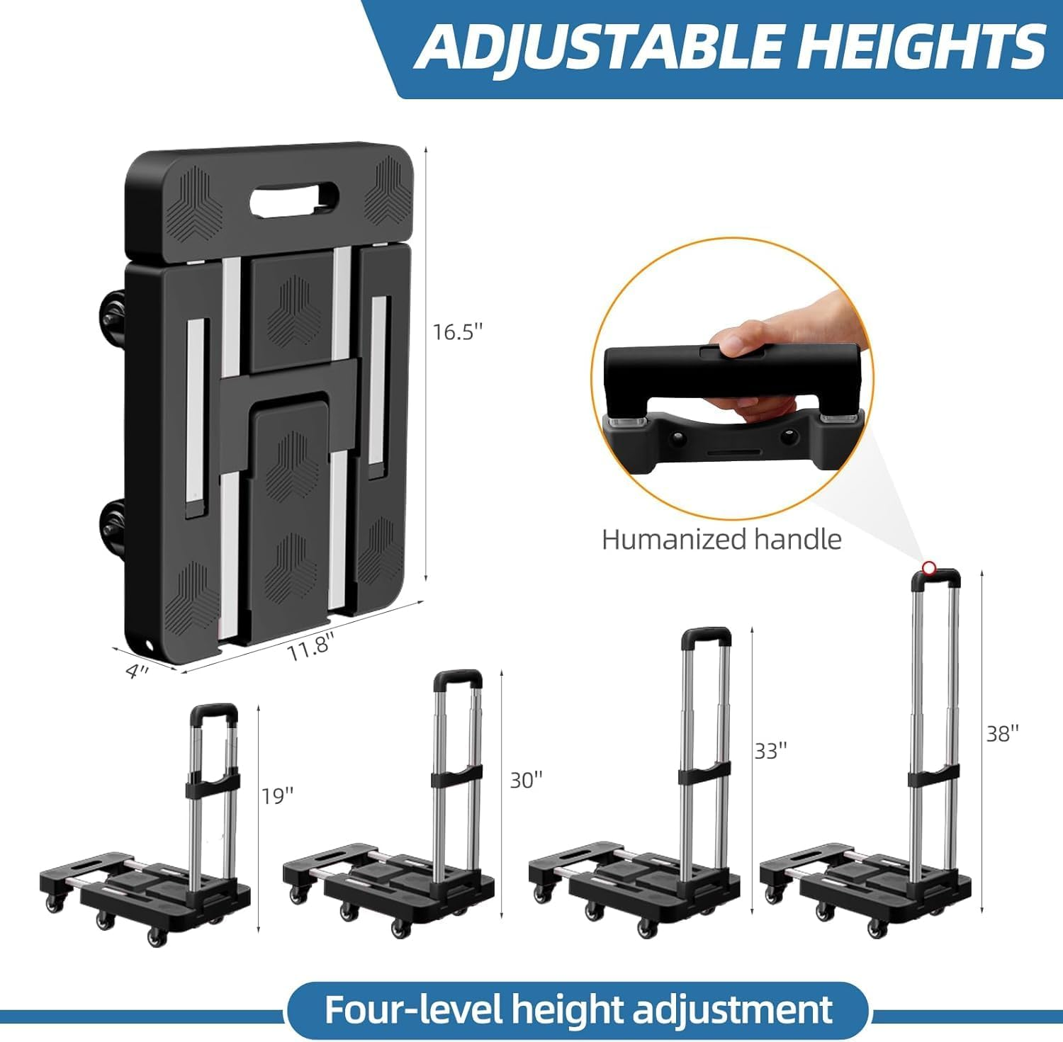 Folding Hand Truck, Foldable Cart for 500 Lbs Heavy Luggage, Hand Truck Dolly, 6-Wheel Foldable Dolly with 2 Ropes, Ideal for Home, Office, and Travel Moving (Black) image number 2