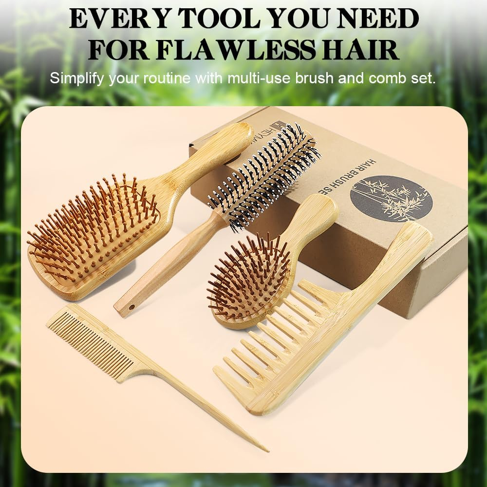 HEYMKGO Hair Brush Set, 5Pcs Natural Bamboo Paddle Detangling Brush for Women and Men, round Brush, Wide-Tooth and Tail Comb with 2 Size Brush - Reduce Frizz, Travel & Family-Friendly Hair Care Kit image number 3