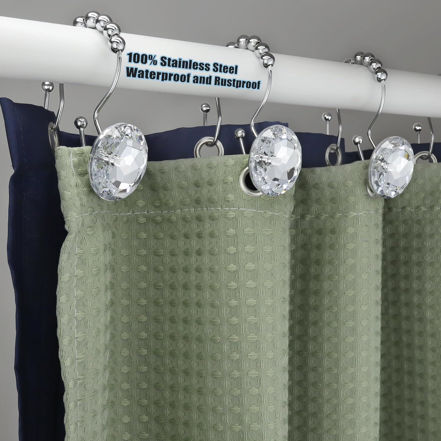 Yapicoco 12PCS Shower Curtain Hooks Rings for Bathroom, Double Hooks Glide anti Rust Crystal Rhinestones Hooks Rods Curtains and Liner (Crystal White) - Aqua Blue image number 5