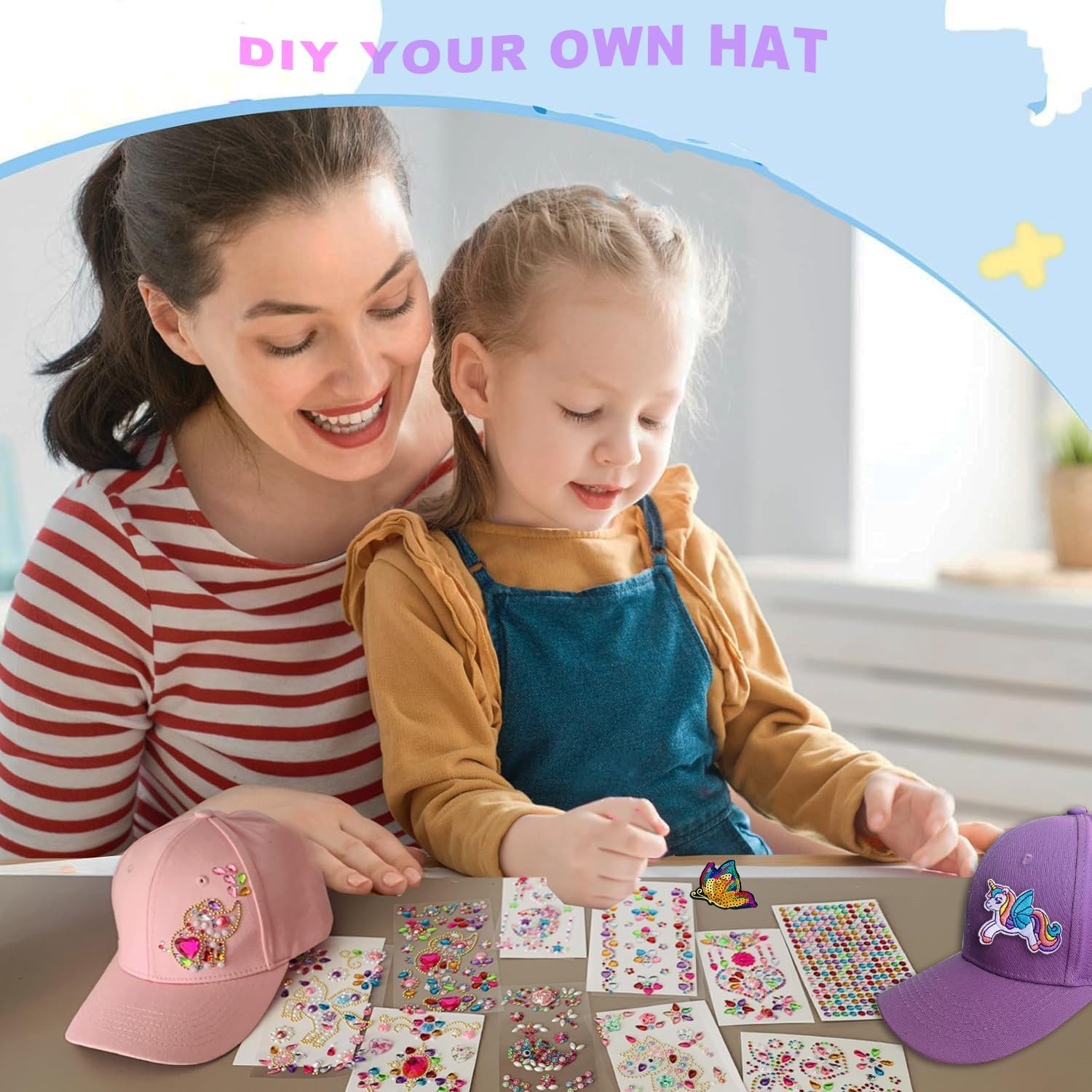 Decorate Your Own Baseball Cap with 10 Sheets Gems Stickers, Art & Crafts Kit for Kids, Fun Creative DIY Toys for Girls 4 5 6 7 8 9 10 12 Years Old image number 1