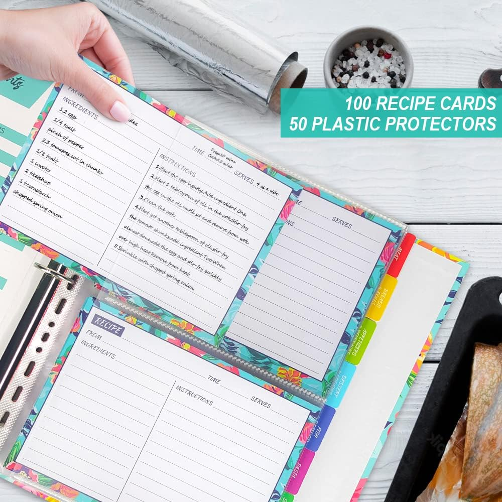 Recipe Binder, 8.5 X 11 Inch 3 Ring Recipe Binder Kit with 50 Plastic Sleeves Protectors, 100 Packs 5X7 Inch Recipe Cards & 8 Category Divider Tabs, Organizer Set Watercolor Floral in Blue Design (XL) - Blue Watercolor Flower image number 6