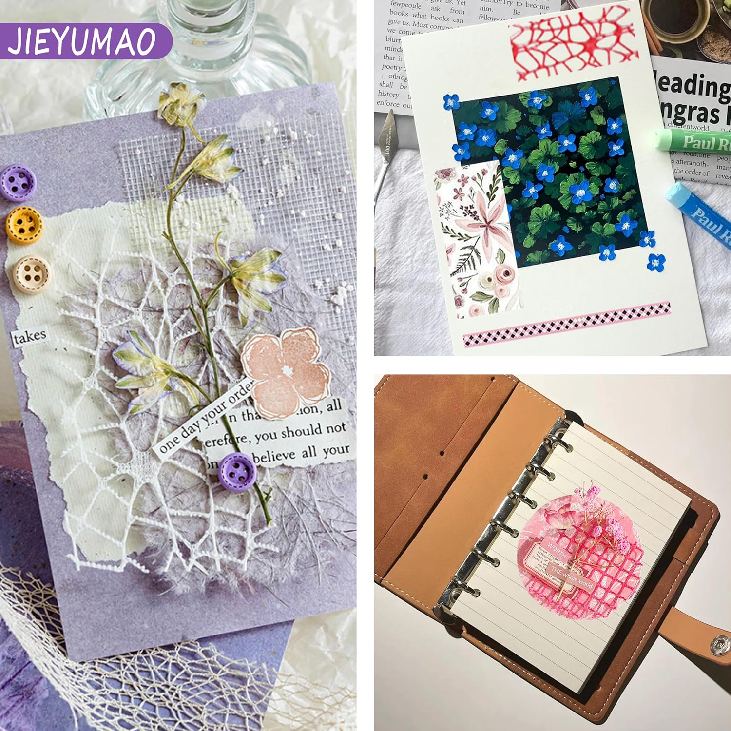 JIEYUMAO 69 Sheets Handmade Scrapbook Paper, 2 Sizes Textured Scrapbook Paper and Mesh Fabric Assorted Set, Multicolor Textured Paper Assorted Set Mixed Special Paper for DIY Craft image number 5