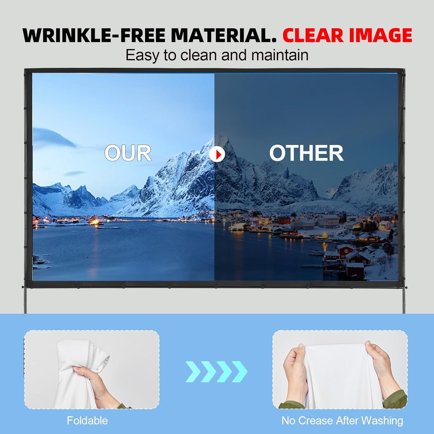 SOFHLILI Projector Screen with Stand,100 Inch 16:9 4K 1080 HD Outdoor Movie Screen with Stand,Wrinkle-Free Projection Screen with Tripods and Carry Bag,For Home Theater Cinema Backyard Movie Night image number 5