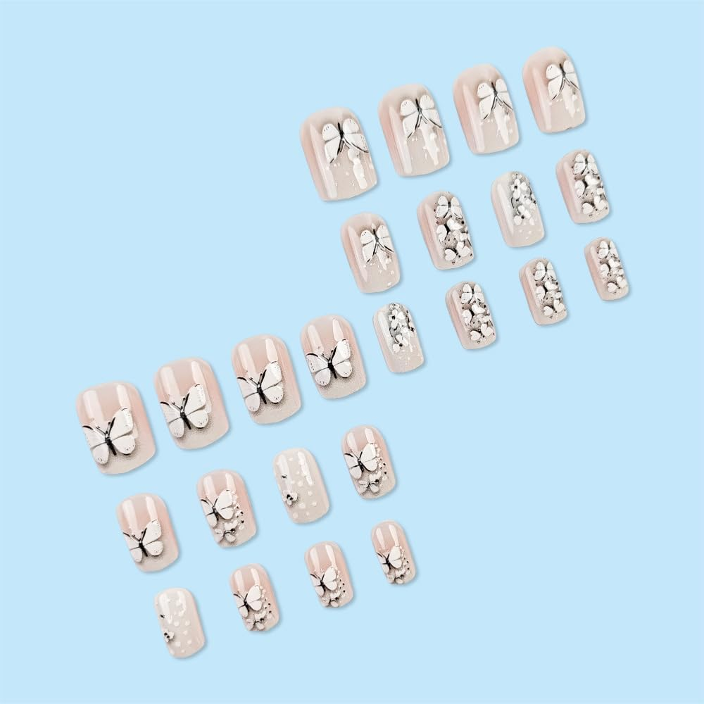 24Pcs Short Press on Nails Square False Nails 3D Butterfly Fake Nails White Nude Ombre Stick on Nails Removable Glue-On Acrylic Nail Tips Spring Summer Accessories for Women image number 1