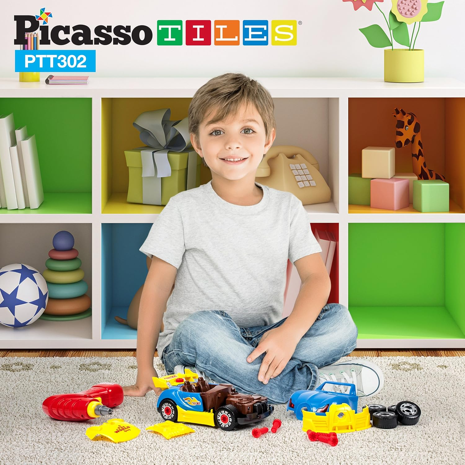 Picassotiles Take-A-Part Race Car Set with LED, Engine Sound, Mini Electric Power Tool Reversible Drill, Screws Included PTT302 2-In-1 DIY Construction Build Your Own 30Pc Racing Car S.T.E.A.M. Kit image number 2