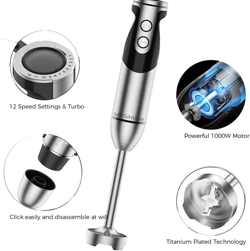 Megawise Pro Titanium Reinforced 3-In-1 Immersion Hand Blender, Powerful Copper Motor with 80% Sharper Blades, 12-Speed Corded Blender, Including Dish Washer Safe Whisk and Milk Frother image number 7
