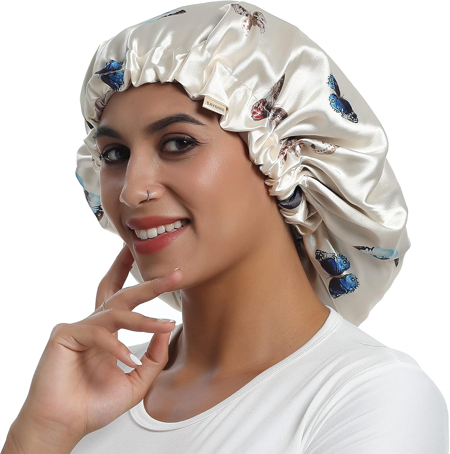 SAYMRE 100% Mulberry Silk Lined Bonnet Adjustable Satin Sleep Cap 19 Momme Silk Bonnet for Women Curly,Long Hair Care image number 1