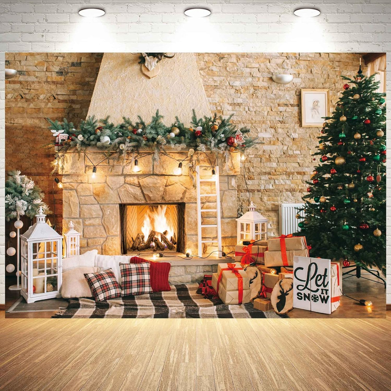 7X5Ft Christmas Fireplace Theme Backdrop for Photography Christmas Tree Decorations for Xmas Party Supplies Background Pictures Banner Photo Studio Decor Booth Props image number 6