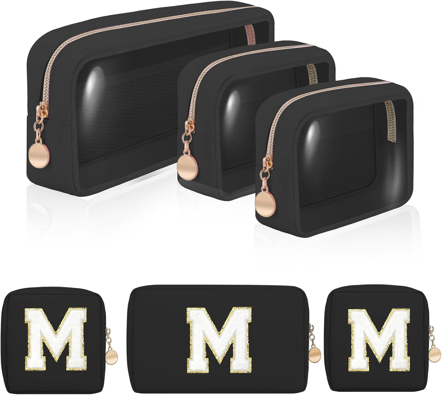 CHICREEN Clear Makeup Bags Set,Clear Toiletry Bags,Initial Clear Purse,Personalized Clear Gift Bags,Make up Pouches,Tsa Approved Clear Organizer,Gifts for Teen Girls&Women, Pearl White (1 Mini), M