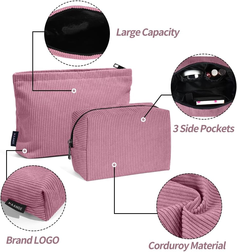 MAANGE 2 Pcs Cosmetic Bag, Travel Makeup Bag Makeup Pouch Corduroy Portable Versatile Zipper Pouch Make up Bag for Women (Red