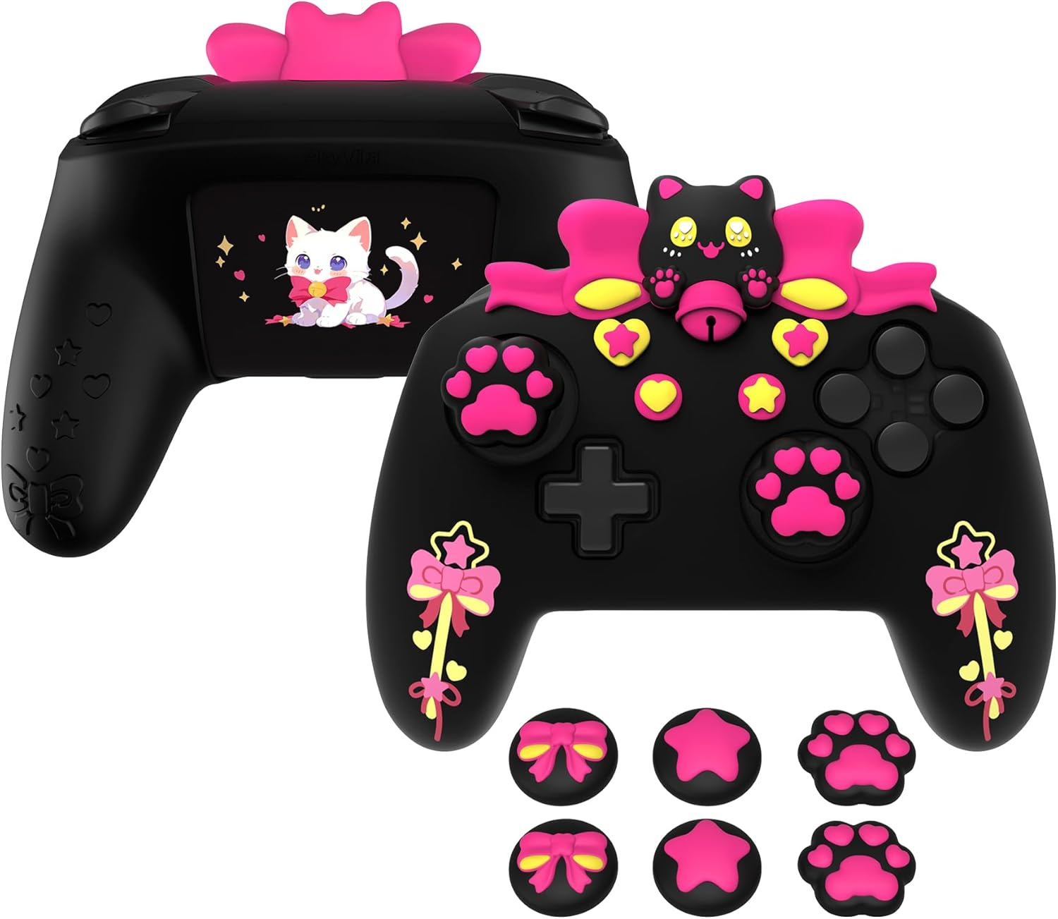 Playvital Sweetheart Kitty Silicone Skin Compatible with Nintendo Switch Pro Controller Kawaii Anti-Slip Cover, Switch Pro Controller Joystick Grips & Protective Silicone Case - Pink