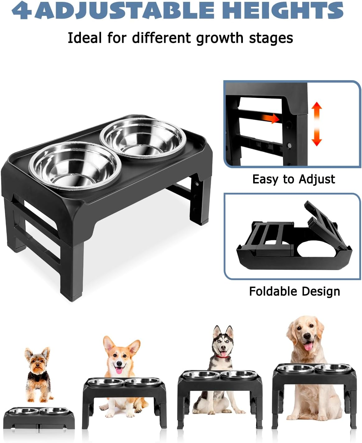 Elevated Dog Bowls, Raised Feeder Stand with 2 Stainless Steel Food Water Bowl, Pet Dish Feeding Station with 4 Adjustable Heights for Small Medium Large Dogs image number 1