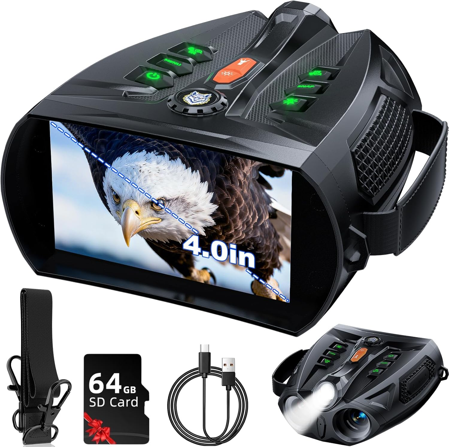 4K Night Vision Goggles, 4.0" HD Screen Night Vision Binoculars with 5000Mah Rechargeable Battery, 64GB TF Card for Photo & Video, Infrared Binocular for Adults, Camping, Wildlife Observation image number 2