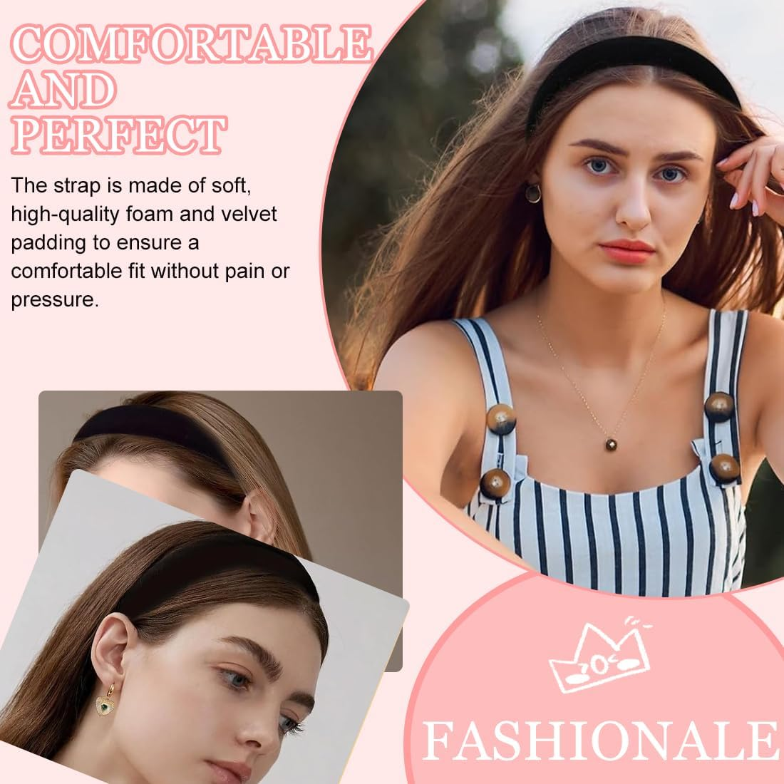 Set of 3 Velvet Hair Bands for Women, Black Hair Bands, Wide, Medium and Thin Hair Accessories, Fashion Hair Accessories for Women and Girls