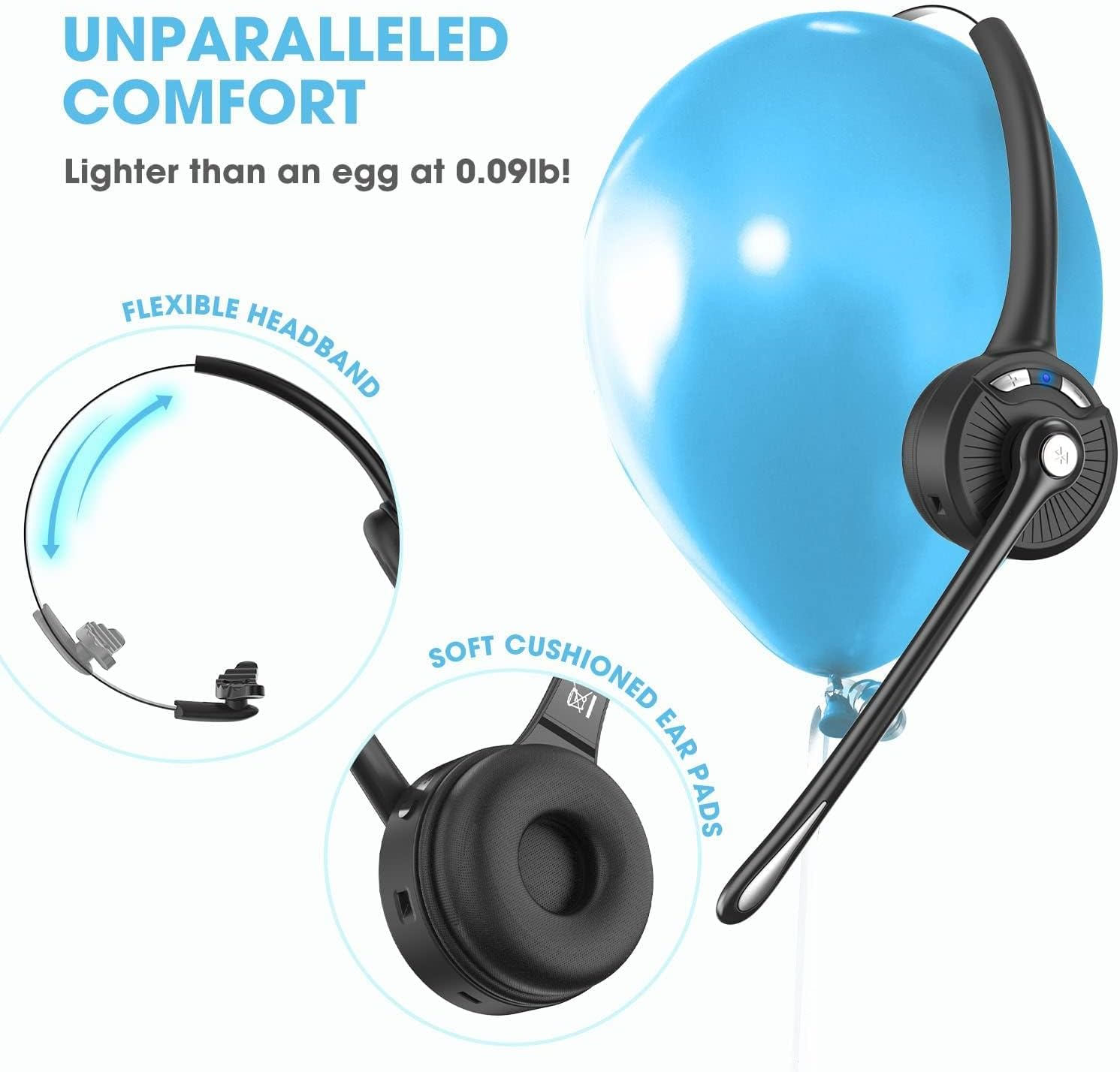 Bluetooth Headset with Microphone, Wireless On-Ear Noise Cancelling Headphones with Charging Station, Phone Headset Mute Button for Laptop, Skype, Call Center, Office, Trucker image number 2