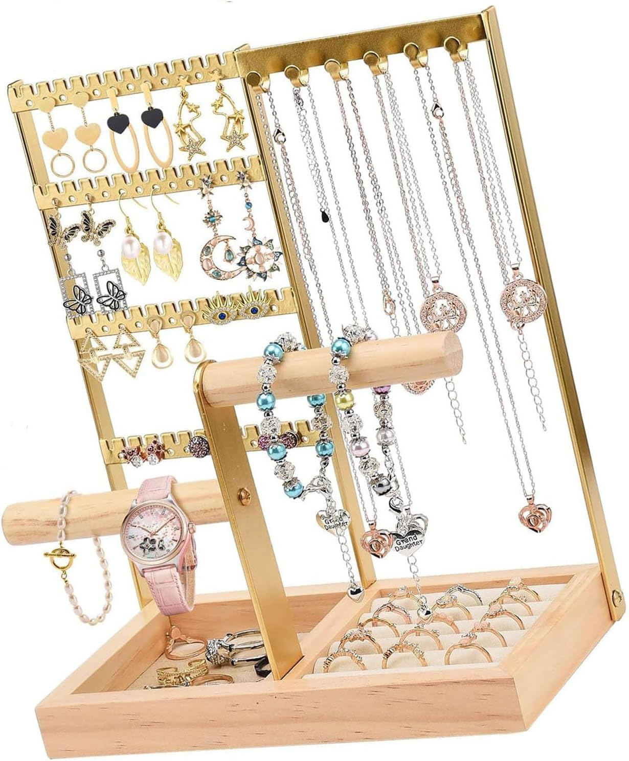 Paifeancodill Jewellery Stand Earring Stand Holder Jewelry Display Stands Necklace Holder Jewellery Holder with Storage Tray and Holes Wooden Jewellery Organiser Fornecklaceearringkeywatch (Gold)