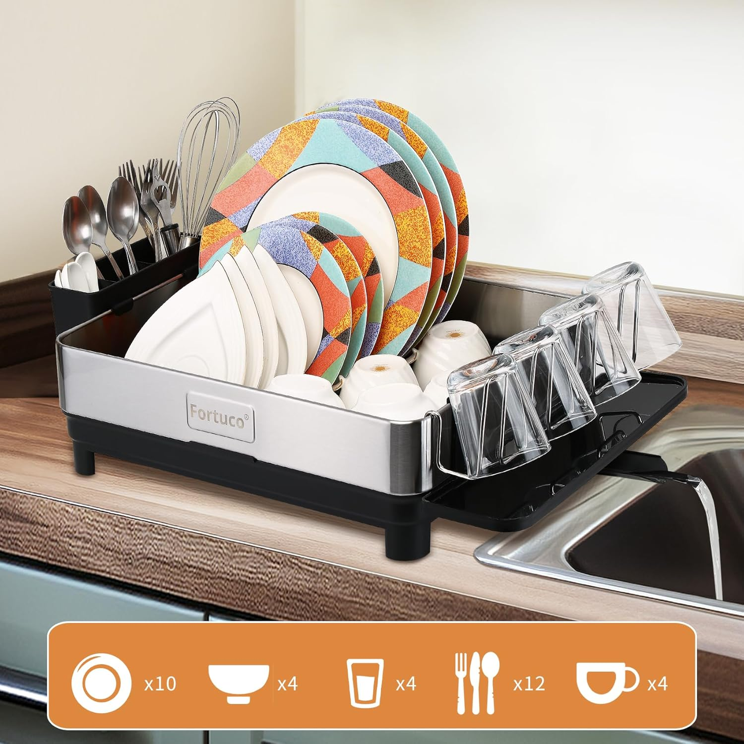 Fortuco&reg; Premium Dish Drying Rack &ndash; Stainless Steel Dish Rack for Kitchen &ndash; Space-Saving Kitchen Organiser & Drying Rack &ndash; Durable Accessories for Easy Dish Storage &ndash; Silver