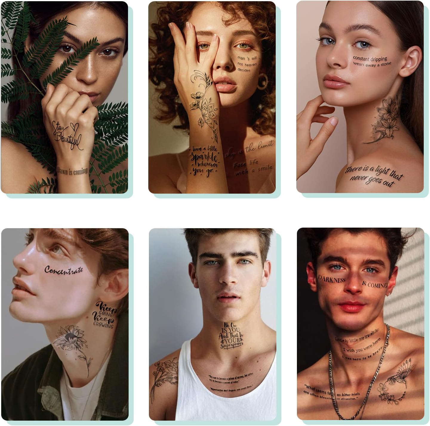 Waterproof Temporary Tattoo - 90 Sheets Realistic Fake Tattoos, 52 Sheets Inspirational Words Tattoo Stickers, 38Sheets Wild Flower Floral Rose Sunflower Bouquet Body Stickers for Adult Women Men Kids image number 3