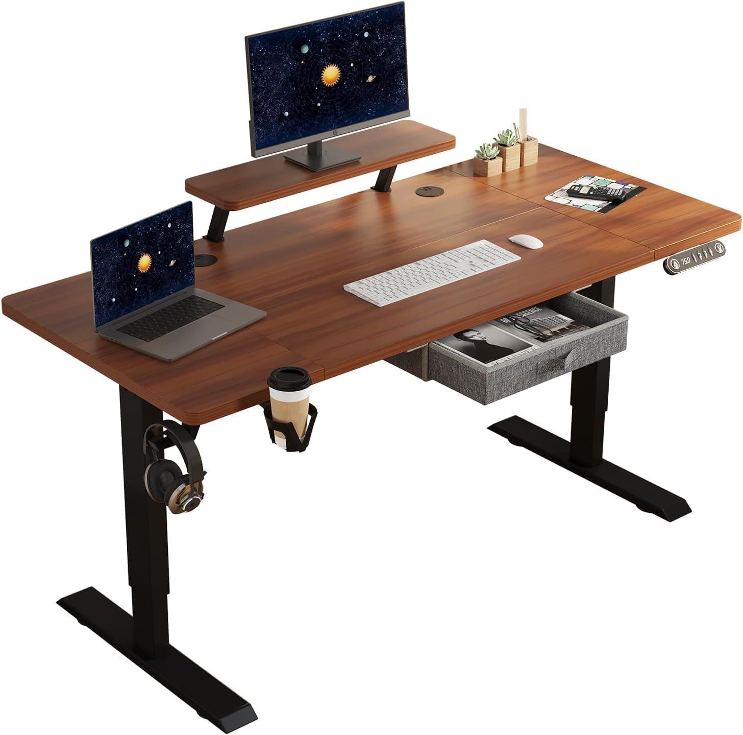 Electric Standing Desk with Drawer, 140X60Cm Height Adjustable Sit Stand up Desk with Storage Shelf,Workstation with Splicing Top for Home Office (Black Frame + Walnut Desktop) image number 3