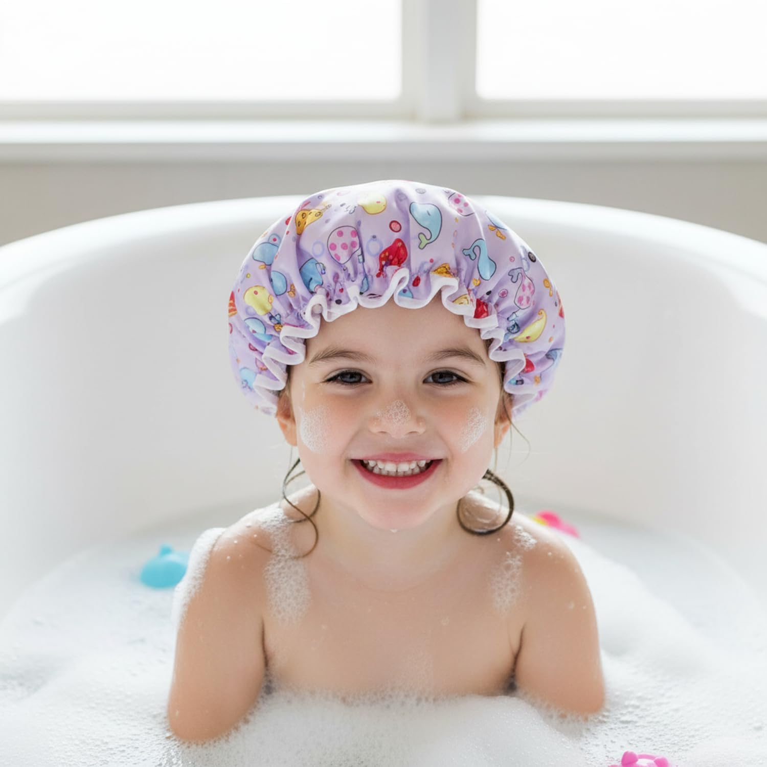 Large Double-Sided Waterproof Shower Cap for Children, 3-Piece Reusable Girls' Bathing and Hair Care Cap with Elastic Band, Spa Salon Bathing and Hair Care Cap - Mecus