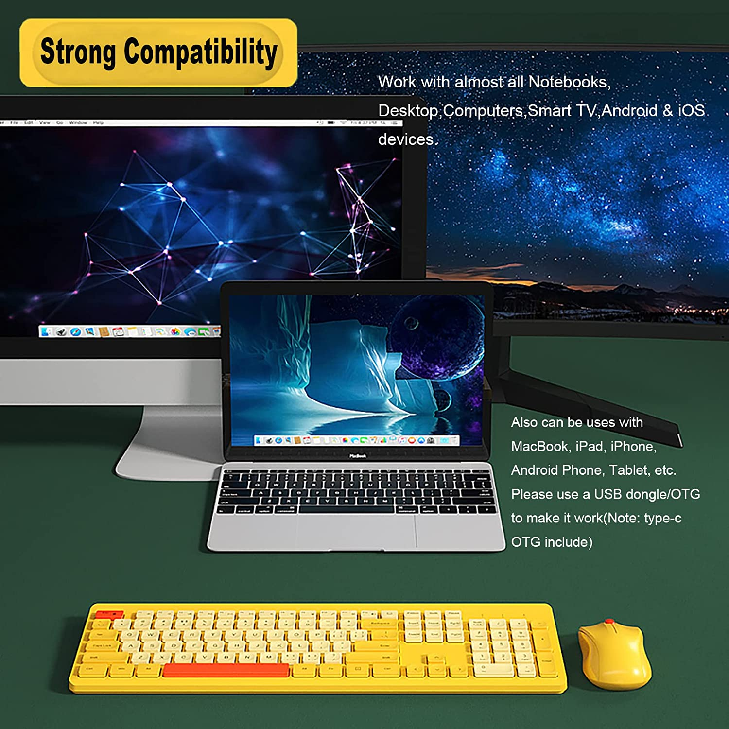 Wireless Keyboard Mouse Set,104 Square Keys Full-Size Office Keyboard with Number Keypad and 3-Level DPI Mice Combo for Computer Laptop PC Gamer (Yellow Mix) image number 6