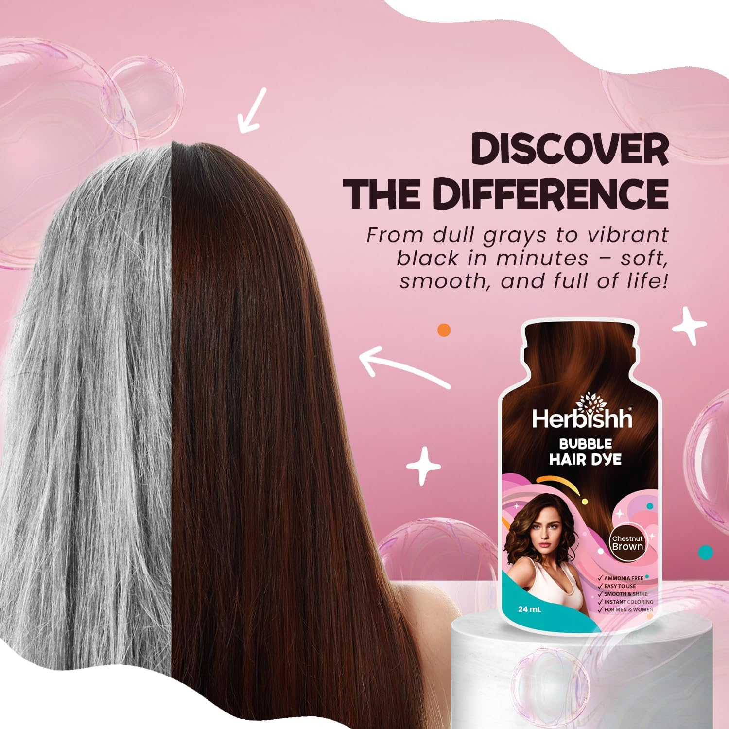 Herbishh Bubble Foam Hair Dye Shampoo, 3 in 1 Dye for 100% Grey Coverage, Permanent Hair Coloring for Men & Women, Long-Lasting & Travel-Friendly, Ammonia-Free, 10 Sachet X 24 Ml (Chestnut Brown) image number 2