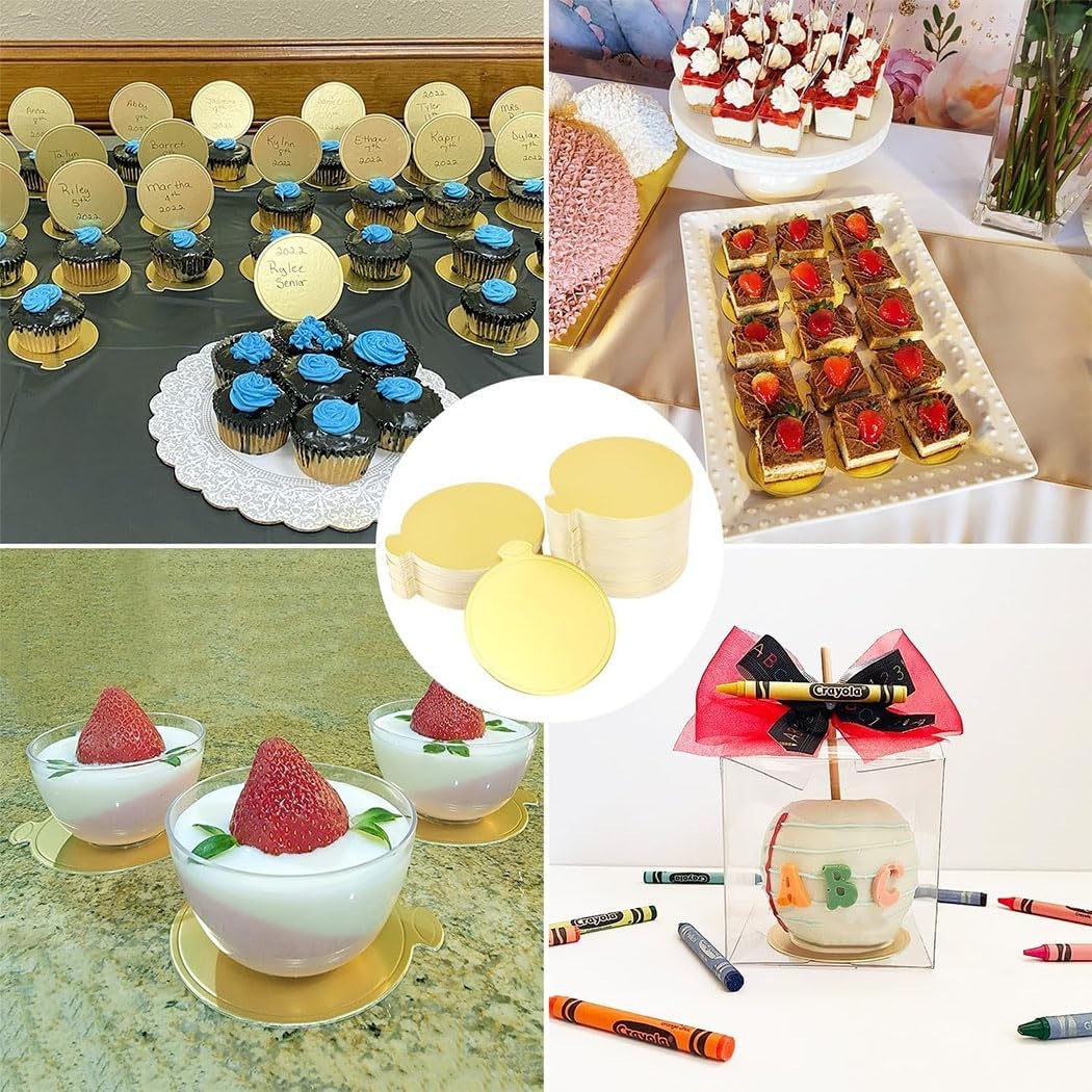 Idopick Mini Cake Boards, 100 Pcs Gold Cake Boards Food-Graded Cake Base, Disposable Circle Base 3.15 Inch round Paper Cupcake Dessert Displays Tray for Cake DIY image number 6