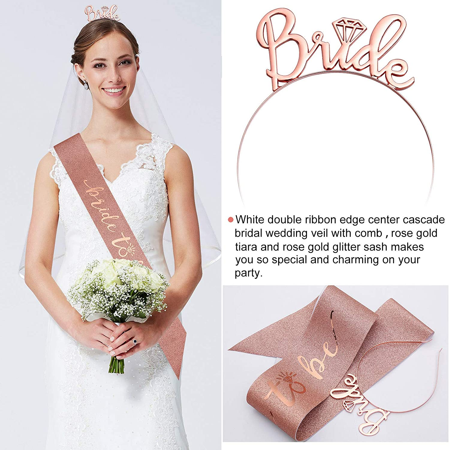 Bachelorette Hens Party Decorations, Rose Gold Bridal Shower Party Decor and Supplies Kit - Includes Glitter Bride Sash, Bride to Be Balloons, Tiara, Flash Tattoos, Fringe Curtains image number 2