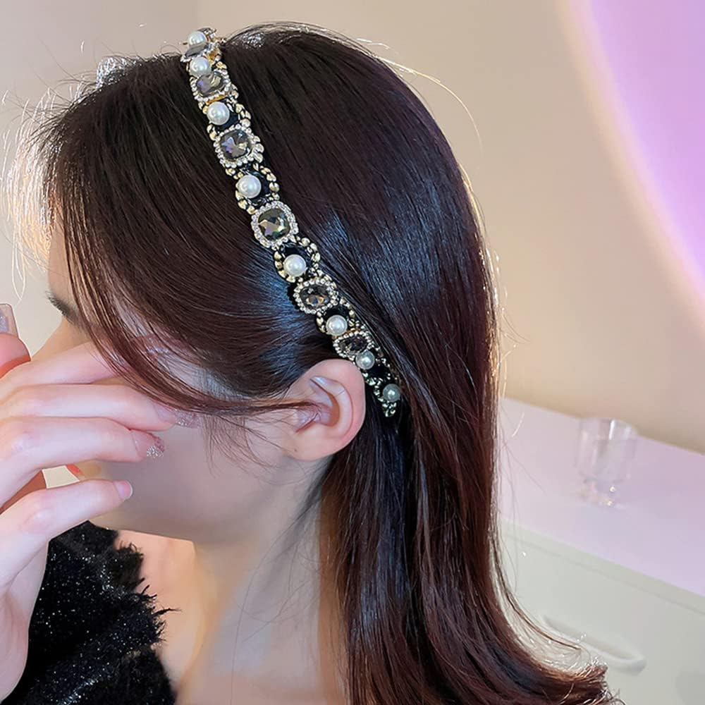 Wiwpar Rhinestone Crystal Headband for Women Girls Sparkly Pearl Beaded Hair Hoops Party Headwear Vintage Style Bling Accessories for Women Girls Christmas Gift (Green)