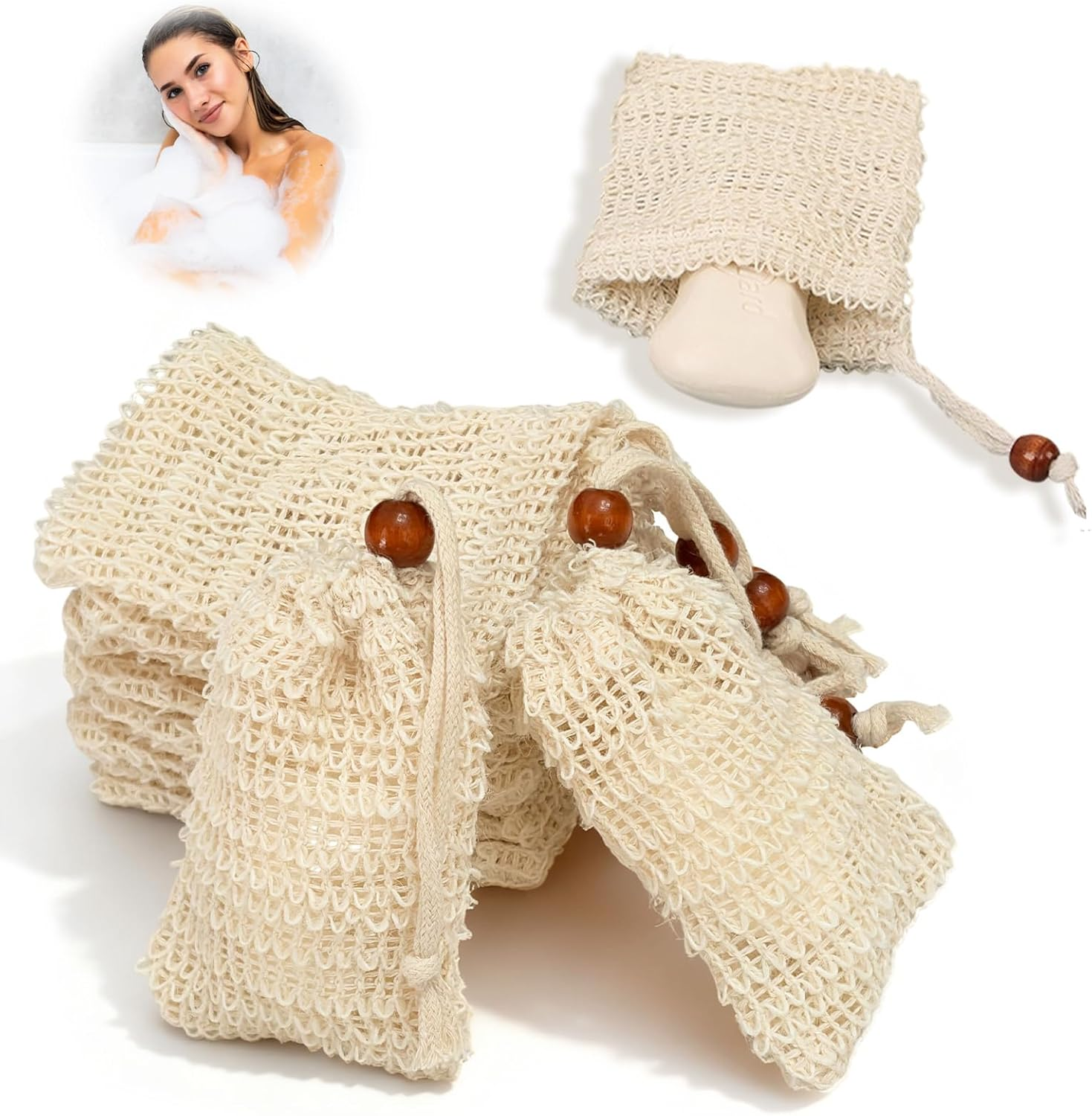 10 Pcs Soap Bag, Natural Ramie Soap Saver Bags, Handmade with Brown Bead Drawstring Exfoliating Foaming Pouch Mesh Holder Quick Drying Pouch for Shower Bath Travel & Daily Use Plastic-Free image number 6